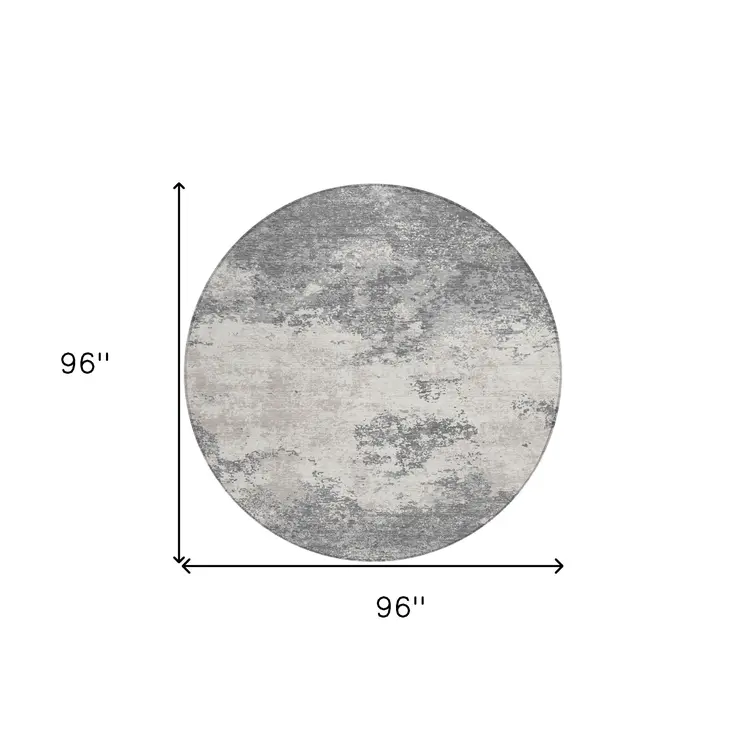 8' Gray And Beige Round Abstract Washable Indoor Outdoor Area Rug