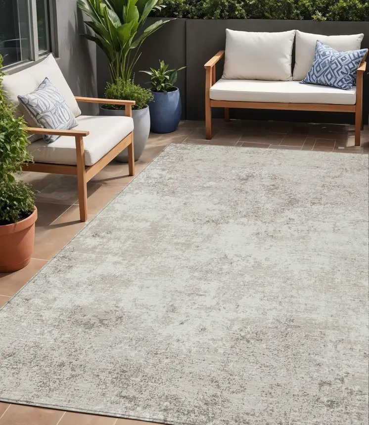 5' X 8' Ivory And Beige Abstract Washable Indoor Outdoor Area Rug