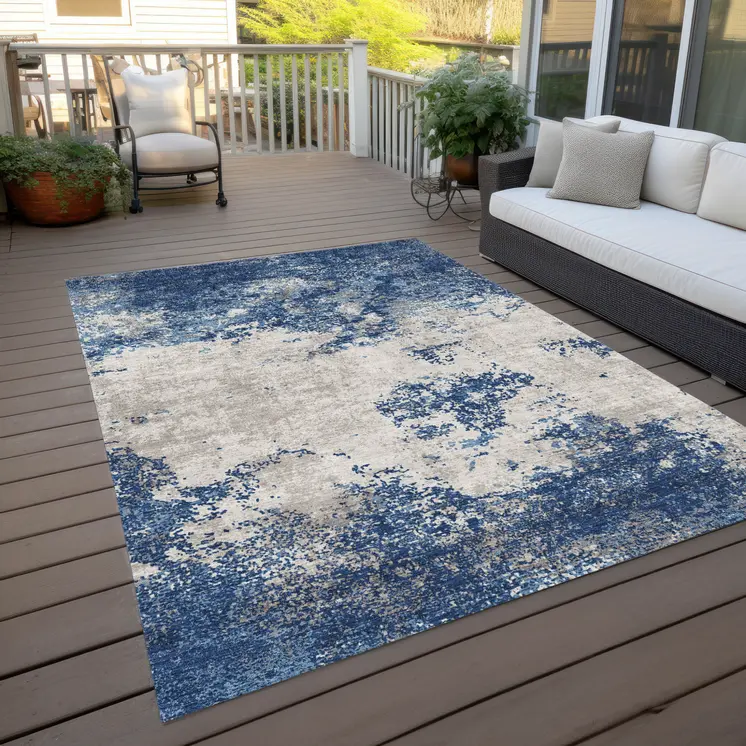 3' X 5' Navy Blue And Ivory Abstract Washable Indoor Outdoor Area Rug