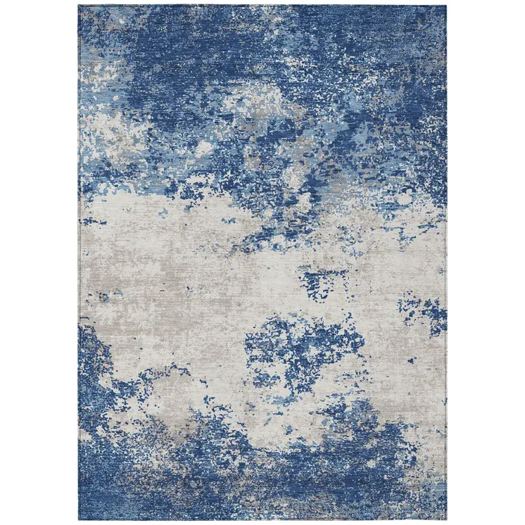 3' X 5' Navy Blue And Ivory Abstract Washable Indoor Outdoor Area Rug