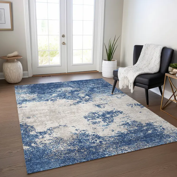 5' X 8' Navy Blue And Ivory Abstract Washable Indoor Outdoor Area Rug