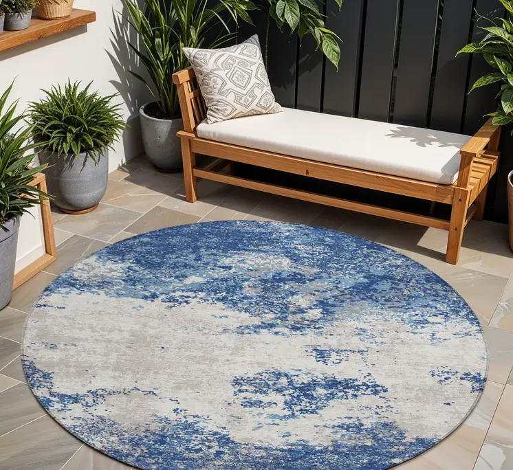 8' Navy Blue And Ivory Round Abstract Washable Indoor Outdoor Area Rug