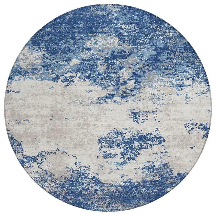 8' Navy Blue And Ivory Round Abstract Washable Indoor Outdoor Area Rug