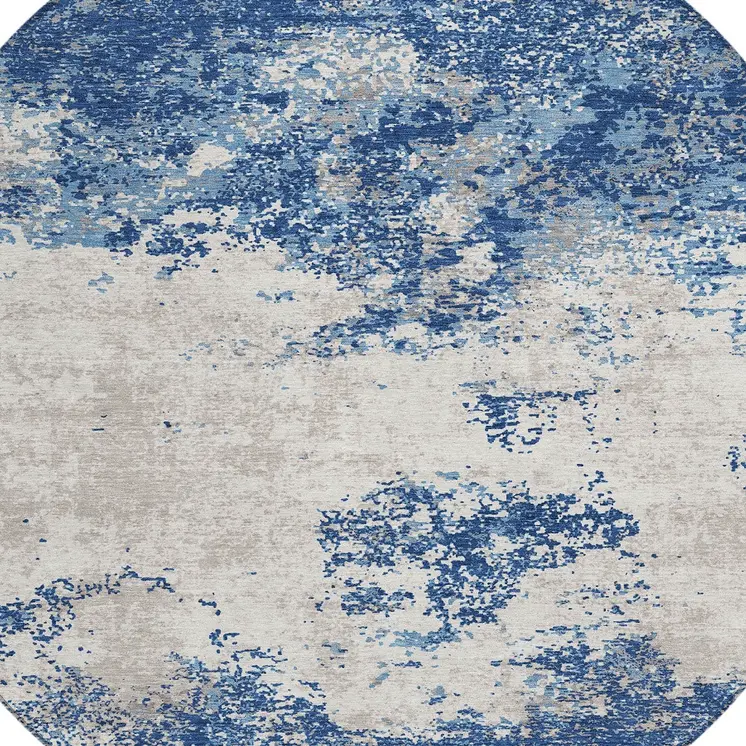 8' Navy Blue And Ivory Round Abstract Washable Indoor Outdoor Area Rug