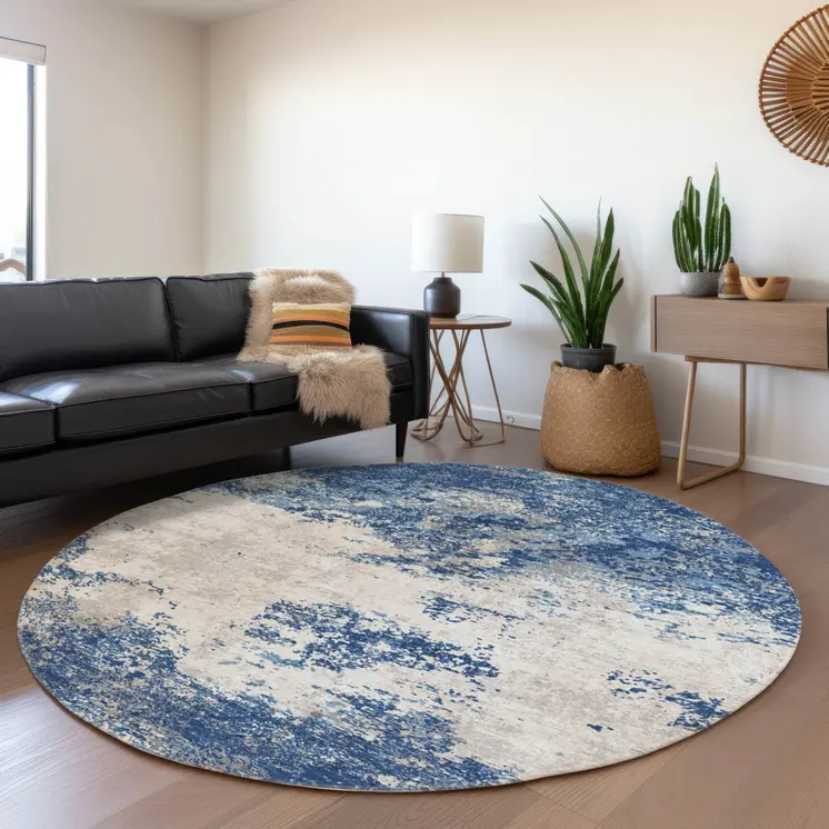 8' Navy Blue And Ivory Round Abstract Washable Indoor Outdoor Area Rug