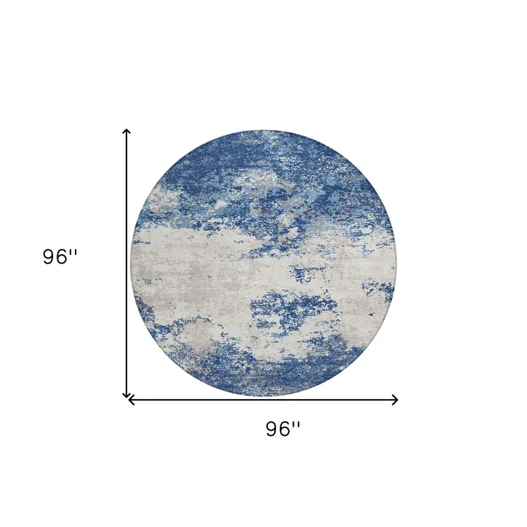8' Navy Blue And Ivory Round Abstract Washable Indoor Outdoor Area Rug