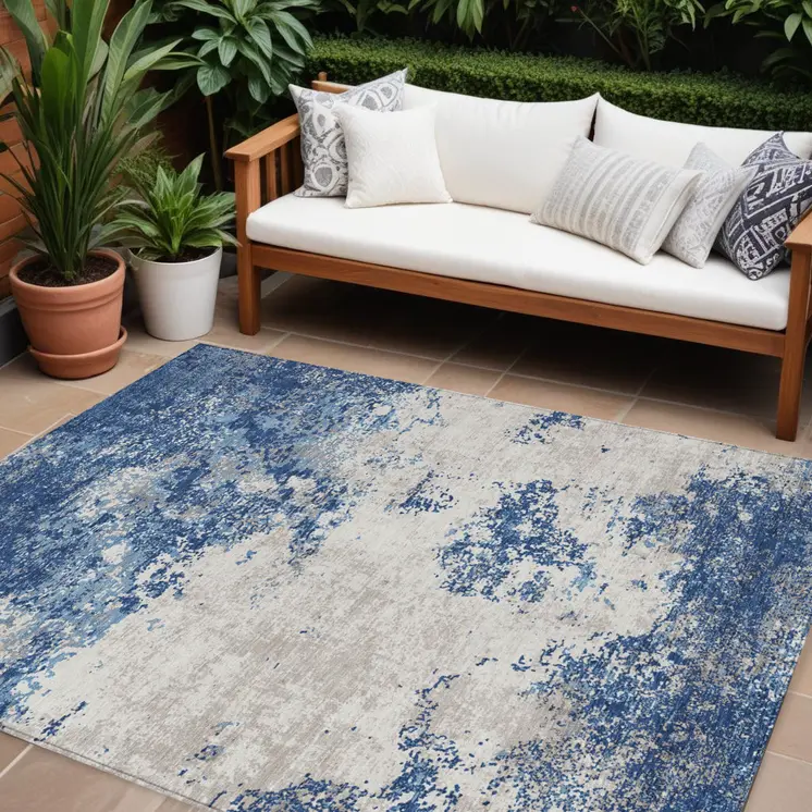 8' X 10' Navy Blue And Ivory Abstract Washable Indoor Outdoor Area Rug