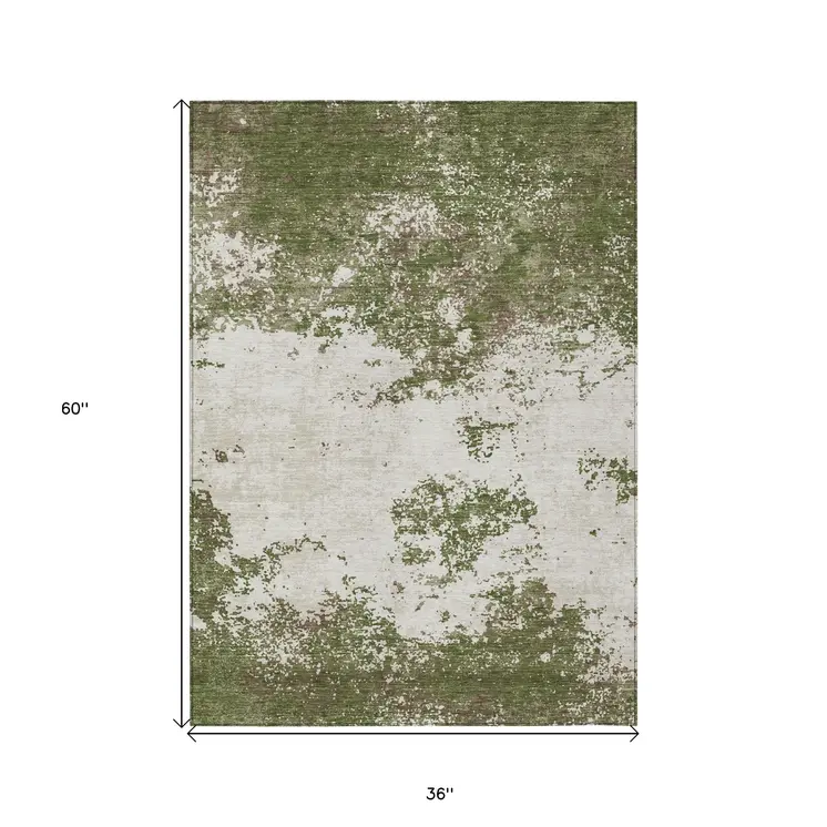 3' X 5' Olive Green Gray And Ivory Abstract Washable Indoor Outdoor Area Rug