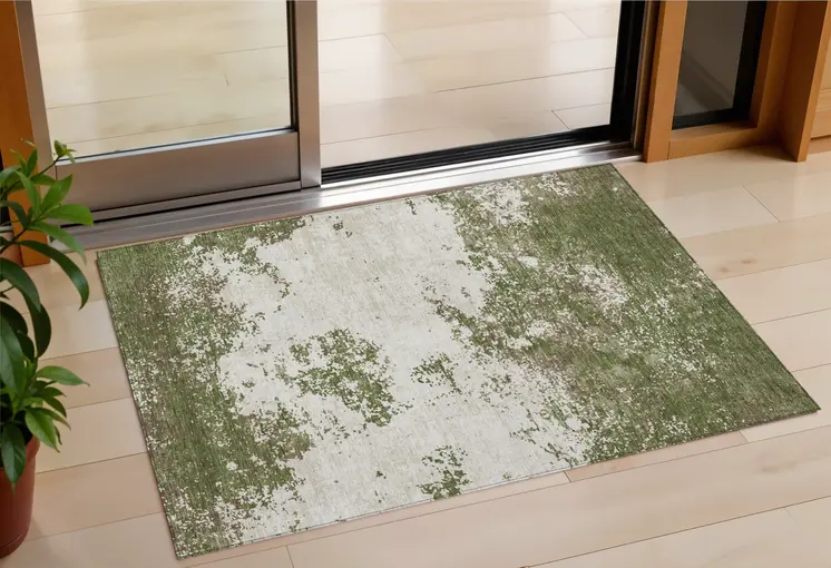 3' X 5' Olive Green Gray And Ivory Abstract Washable Indoor Outdoor Area Rug