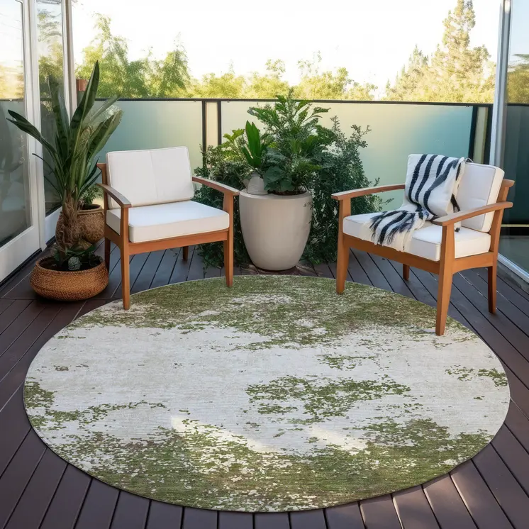 8' Olive Green Gray And Ivory Round Abstract Washable Indoor Outdoor Area Rug