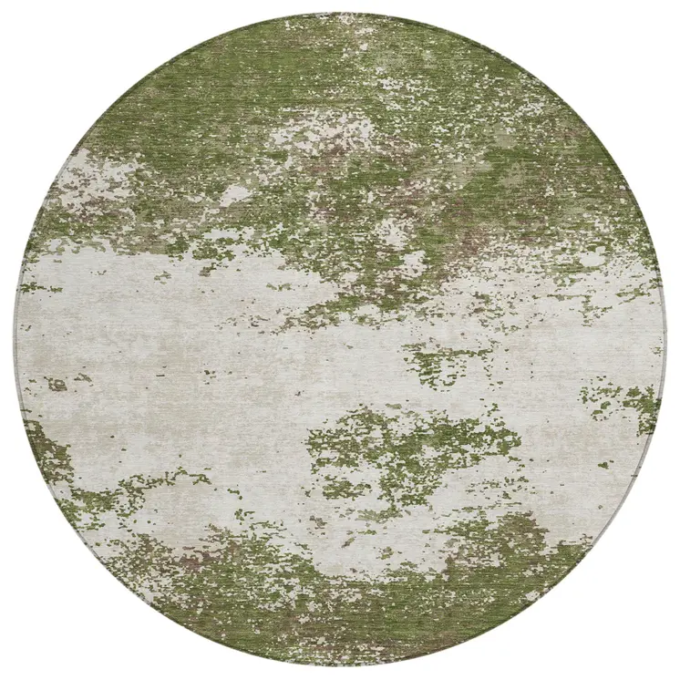 8' Olive Green Gray And Ivory Round Abstract Washable Indoor Outdoor Area Rug
