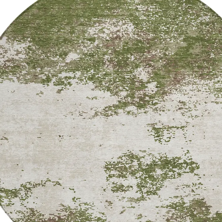 8' Olive Green Gray And Ivory Round Abstract Washable Indoor Outdoor Area Rug