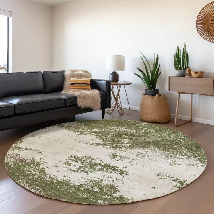 8' Olive Green Gray And Ivory Round Abstract Washable Indoor Outdoor Area Rug