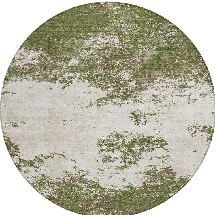 8' Olive Green Gray And Ivory Round Abstract Washable Indoor Outdoor Area Rug