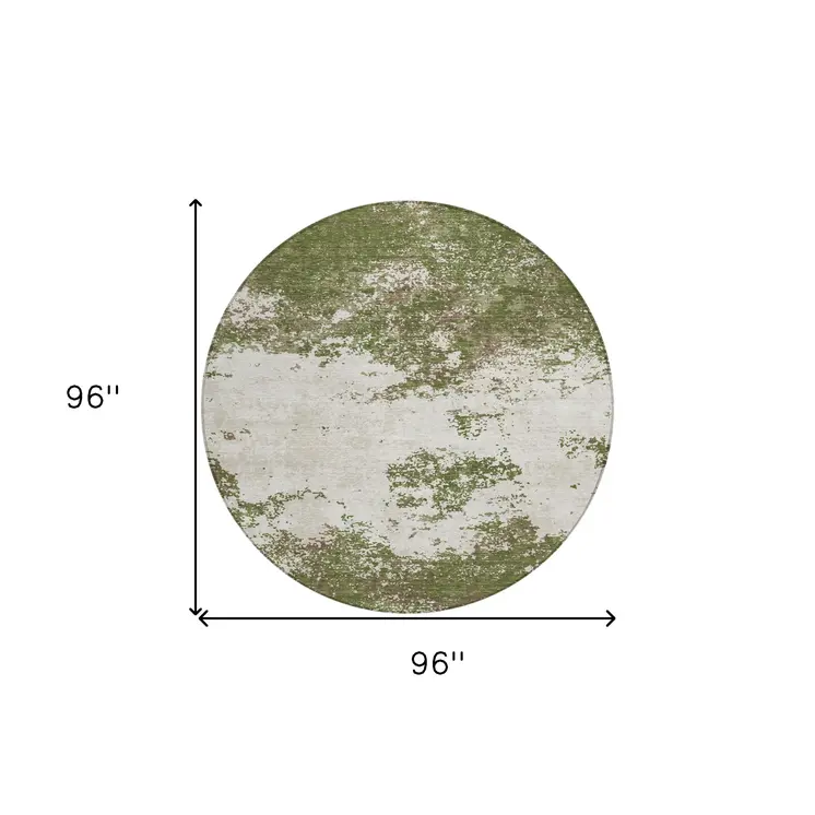 8' Olive Green Gray And Ivory Round Abstract Washable Indoor Outdoor Area Rug