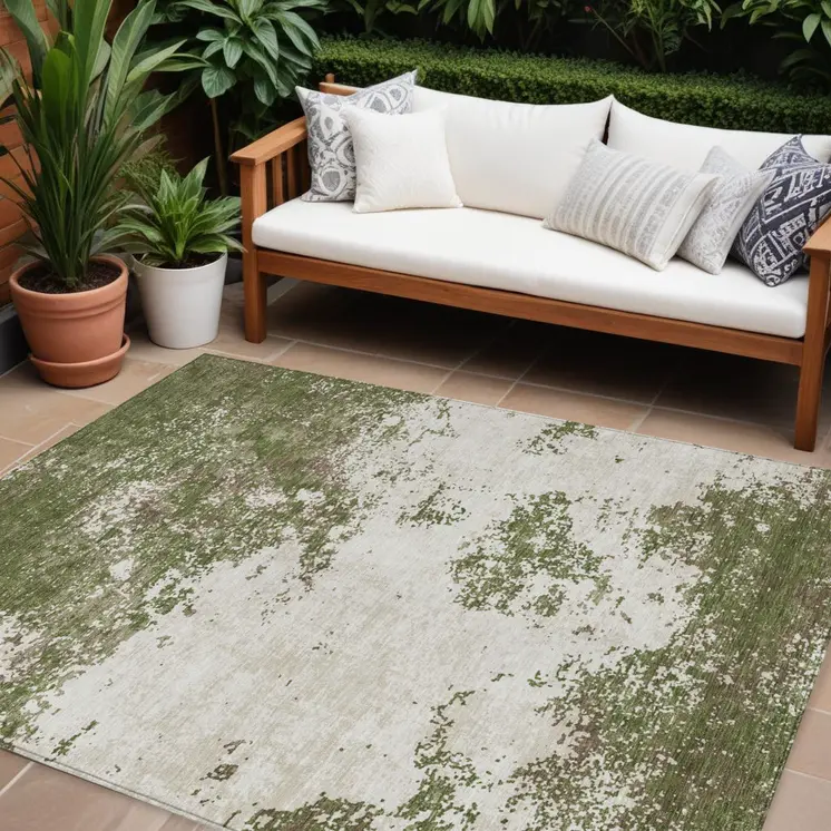10' X 14' Olive Green Gray And Ivory Abstract Washable Indoor Outdoor Area Rug