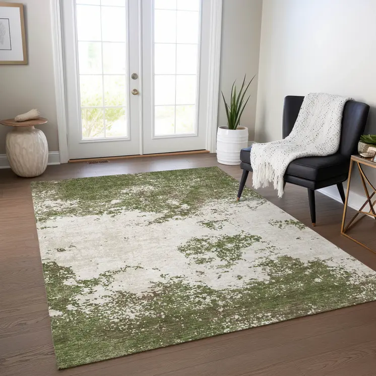 10' X 14' Olive Green Gray And Ivory Abstract Washable Indoor Outdoor Area Rug