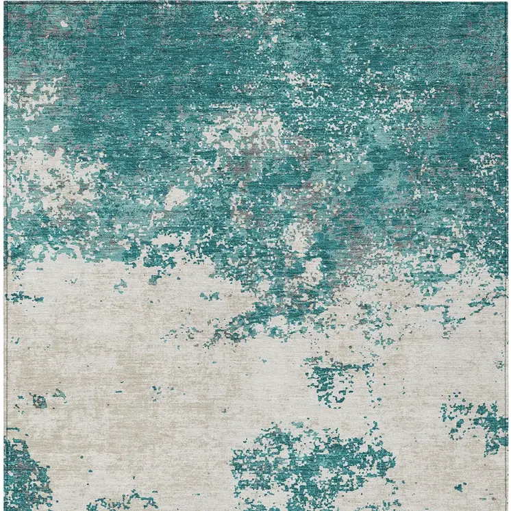 3' X 5' Teal Blue Ivory And Gray Abstract Washable Indoor Outdoor Area Rug