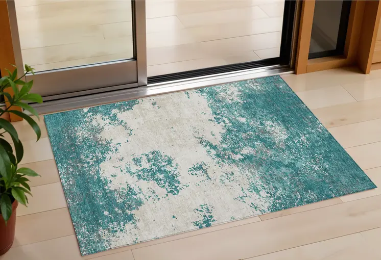 3' X 5' Teal Blue Ivory And Gray Abstract Washable Indoor Outdoor Area Rug