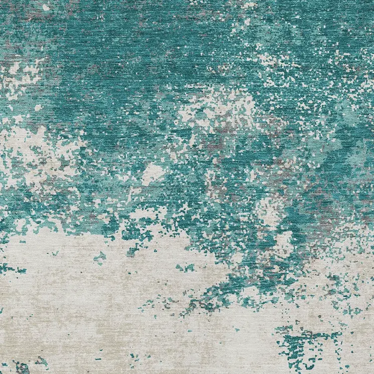 3' X 5' Teal Blue Ivory And Gray Abstract Washable Indoor Outdoor Area Rug