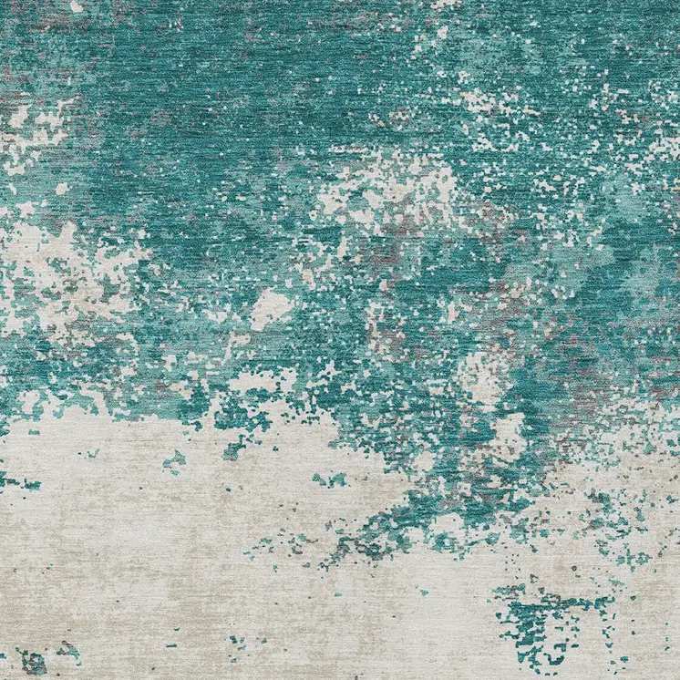 5' X 8' Teal Blue Ivory And Gray Abstract Washable Indoor Outdoor Area Rug