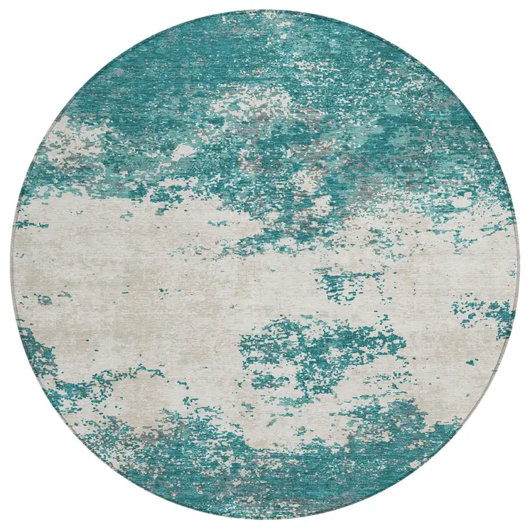 8' Teal Blue Ivory And Gray Round Abstract Washable Indoor Outdoor Area Rug