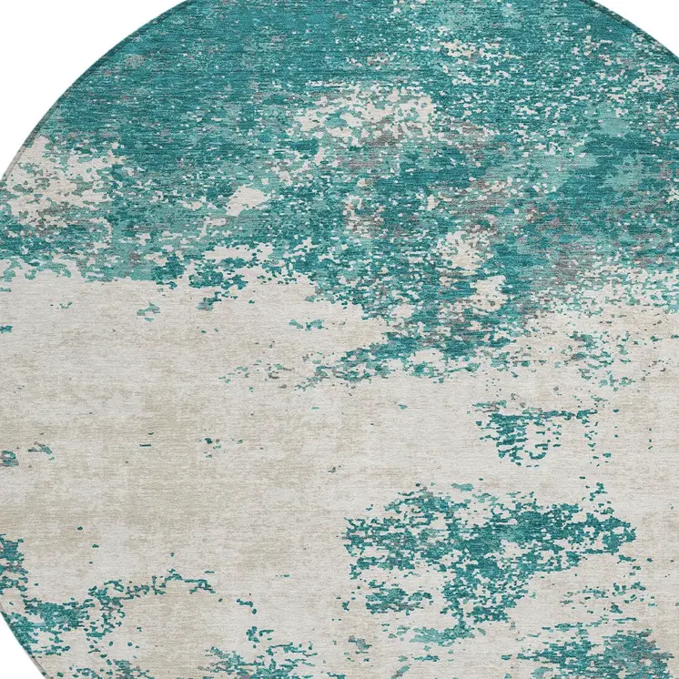 8' Teal Blue Ivory And Gray Round Abstract Washable Indoor Outdoor Area Rug