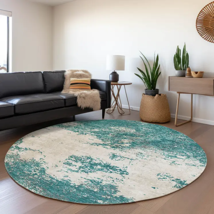 8' Teal Blue Ivory And Gray Round Abstract Washable Indoor Outdoor Area Rug