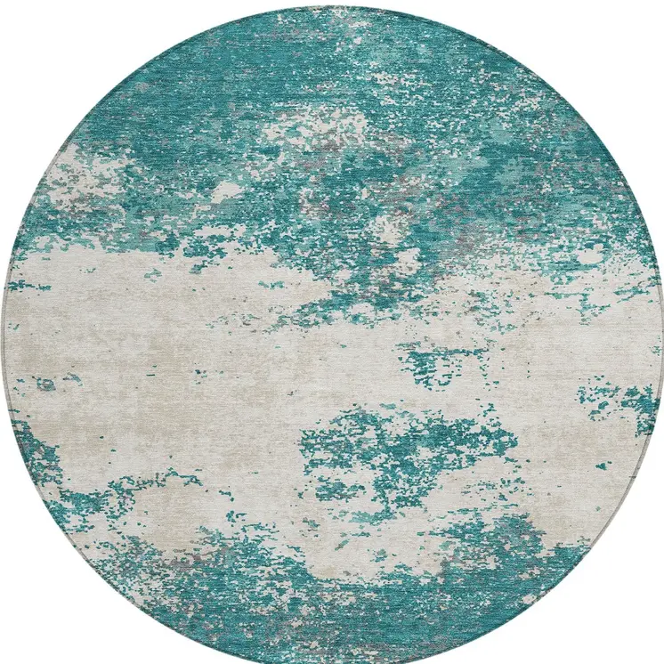 8' Teal Blue Ivory And Gray Round Abstract Washable Indoor Outdoor Area Rug