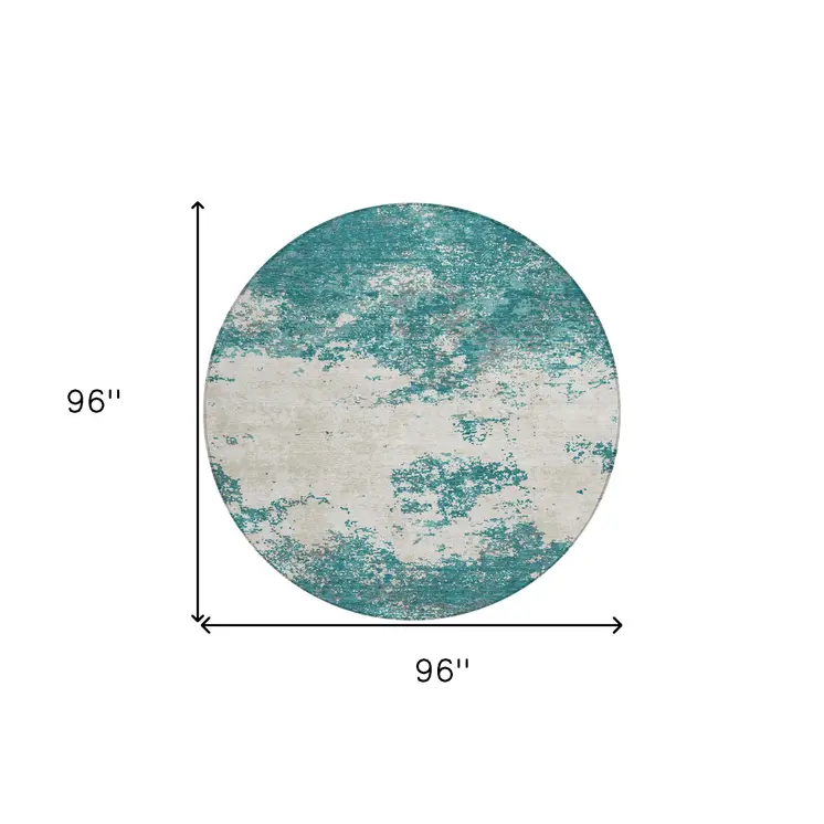 8' Teal Blue Ivory And Gray Round Abstract Washable Indoor Outdoor Area Rug
