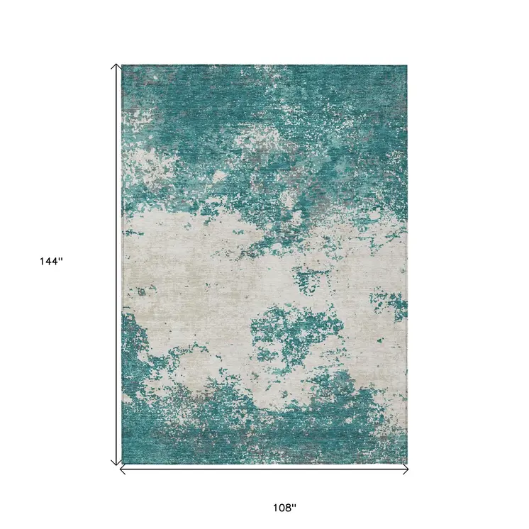 9' X 12' Teal Blue Ivory And Gray Abstract Washable Indoor Outdoor Area Rug
