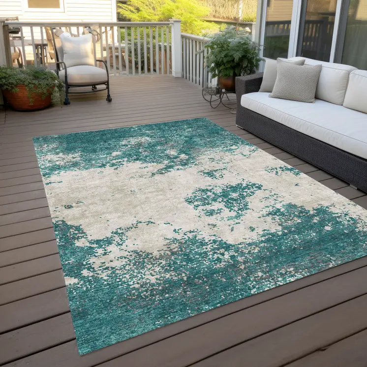 9' X 12' Teal Blue Ivory And Gray Abstract Washable Indoor Outdoor Area Rug