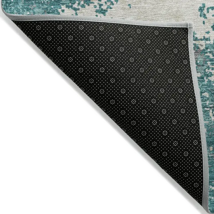 9' X 12' Teal Blue Ivory And Gray Abstract Washable Indoor Outdoor Area Rug