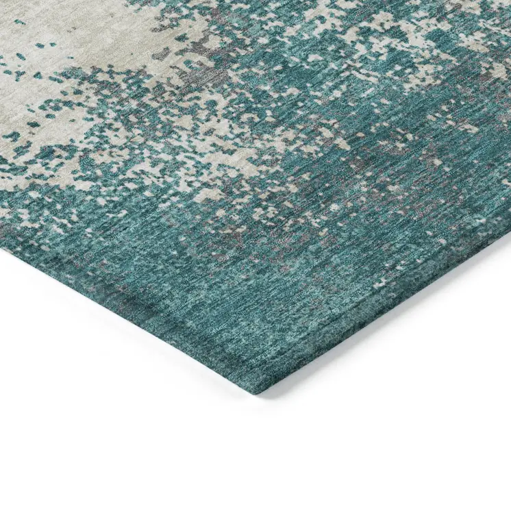 9' X 12' Teal Blue Ivory And Gray Abstract Washable Indoor Outdoor Area Rug