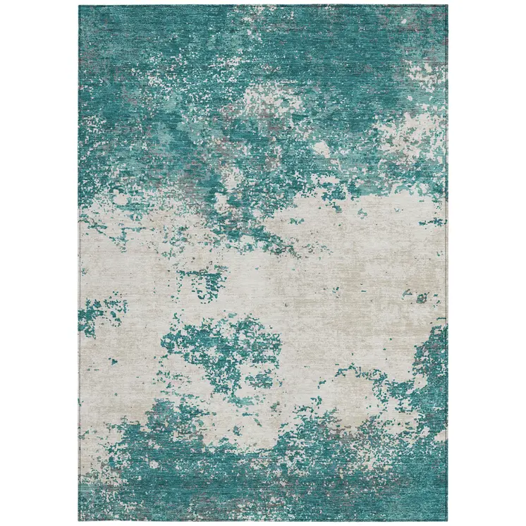 9' X 12' Teal Blue Ivory And Gray Abstract Washable Indoor Outdoor Area Rug