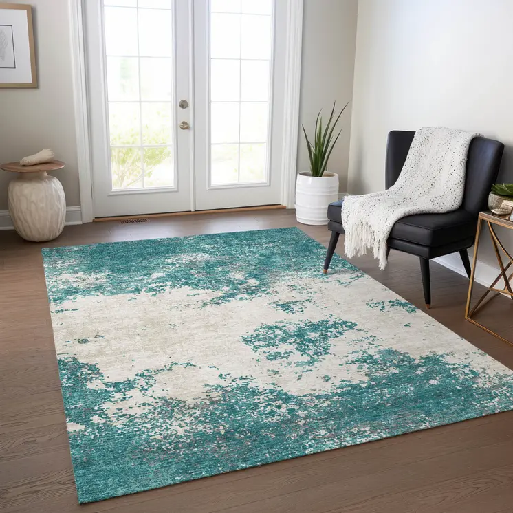 9' X 12' Teal Blue Ivory And Gray Abstract Washable Indoor Outdoor Area Rug
