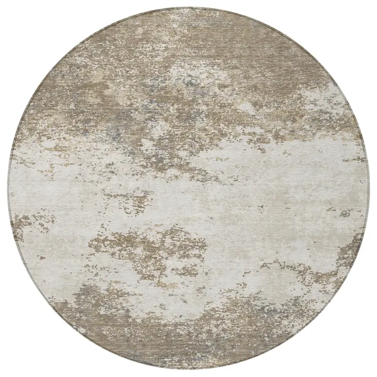 8' Taupe And Beige Round Abstract Washable Indoor Outdoor Area Rug