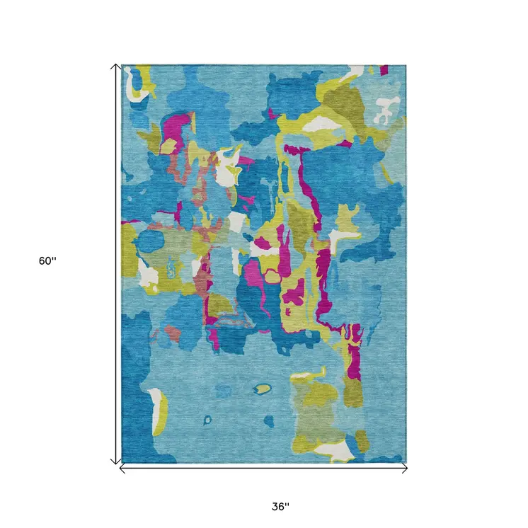 3' X 5' Aqua Green And Pink Abstract Washable Indoor Outdoor Area Rug