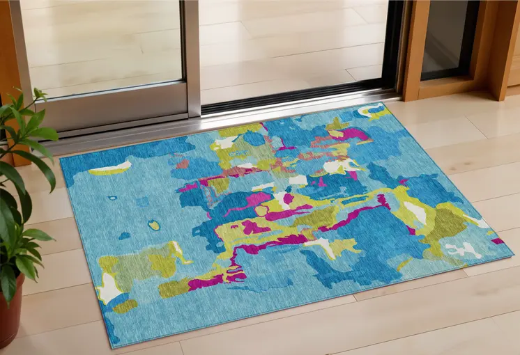 3' X 5' Aqua Green And Pink Abstract Washable Indoor Outdoor Area Rug