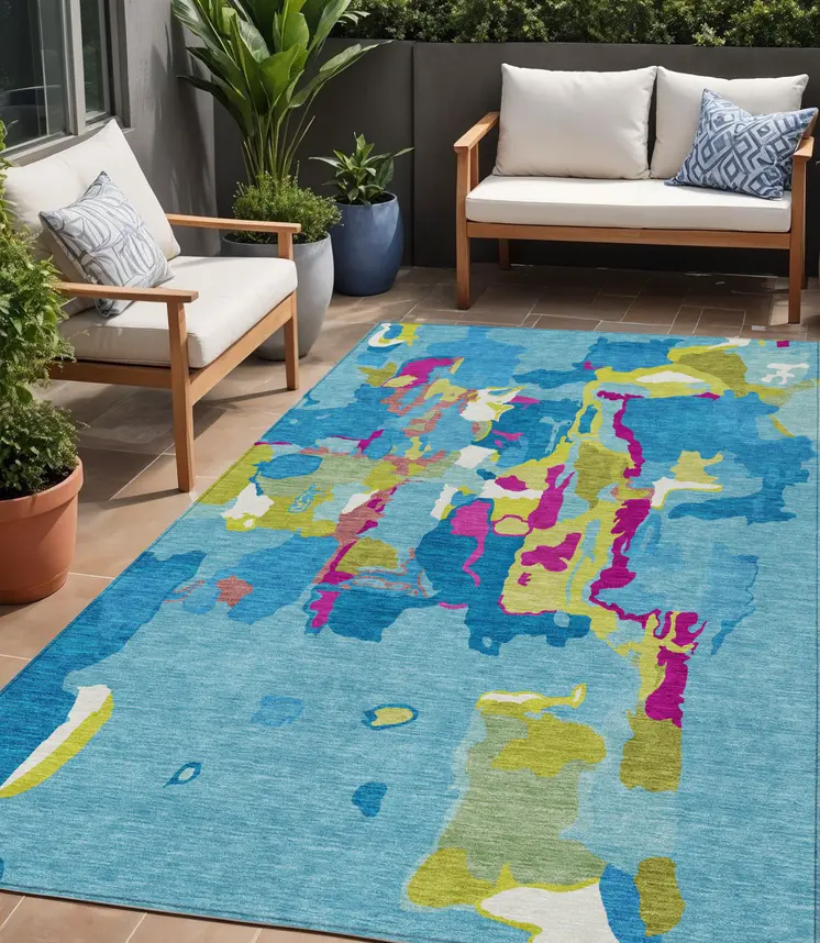 5' X 8' Aqua Green And Pink Abstract Washable Indoor Outdoor Area Rug