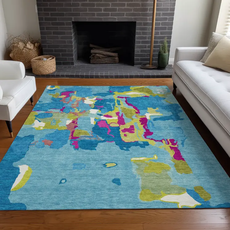 5' X 8' Aqua Green And Pink Abstract Washable Indoor Outdoor Area Rug