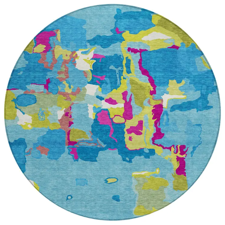 8' Aqua Green And Pink Round Abstract Washable Indoor Outdoor Area Rug