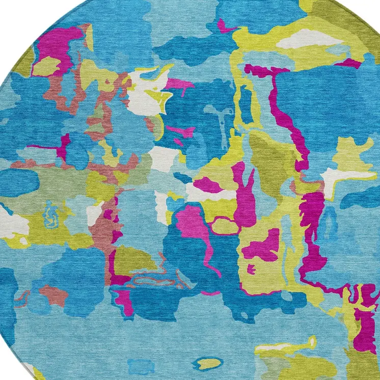8' Aqua Green And Pink Round Abstract Washable Indoor Outdoor Area Rug
