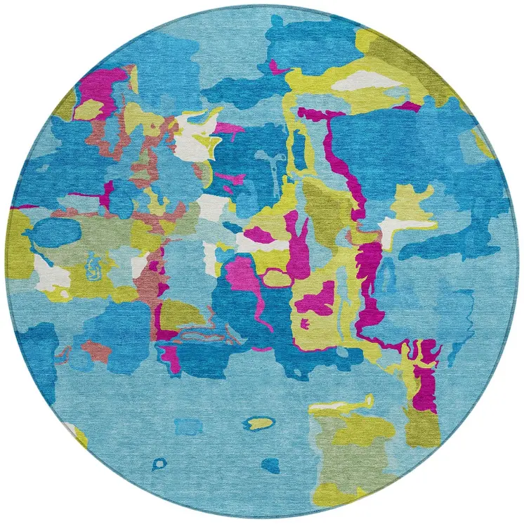 8' Aqua Green And Pink Round Abstract Washable Indoor Outdoor Area Rug