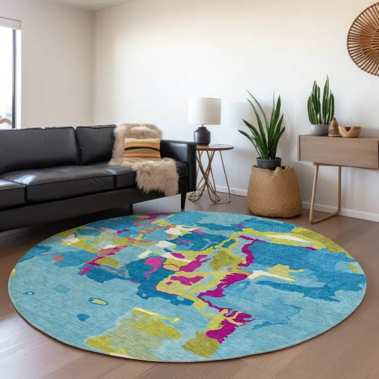 8' Aqua Green And Pink Round Abstract Washable Indoor Outdoor Area Rug
