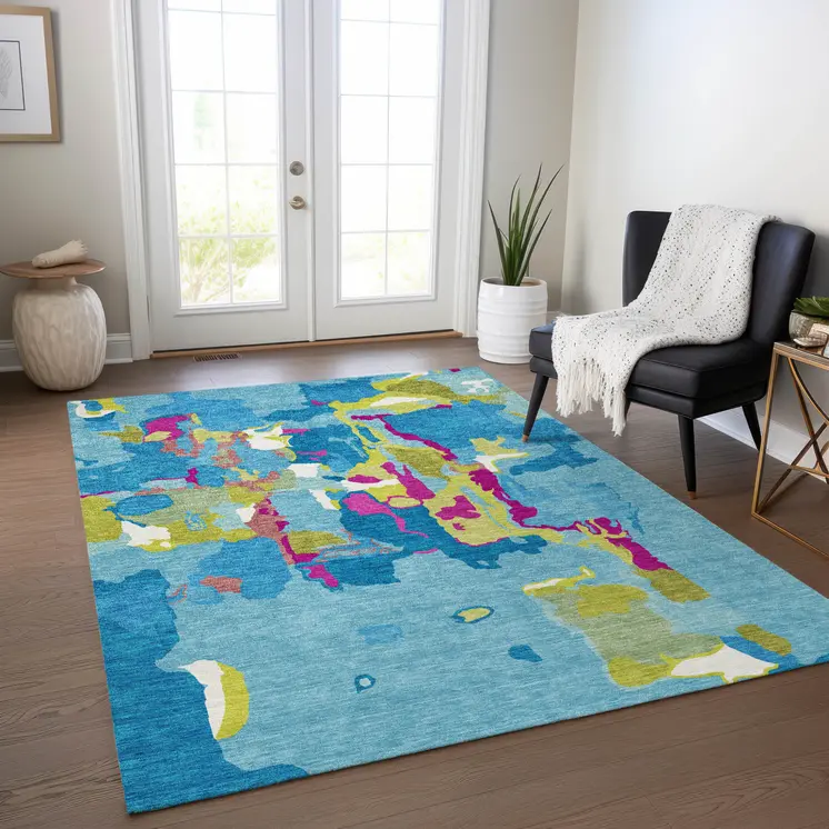 10' X 14' Aqua Green And Pink Abstract Washable Indoor Outdoor Area Rug
