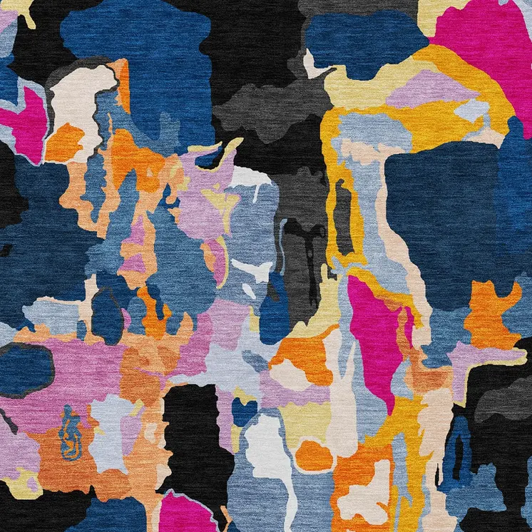 5' X 8' Black Blue And Pink Abstract Washable Indoor Outdoor Area Rug