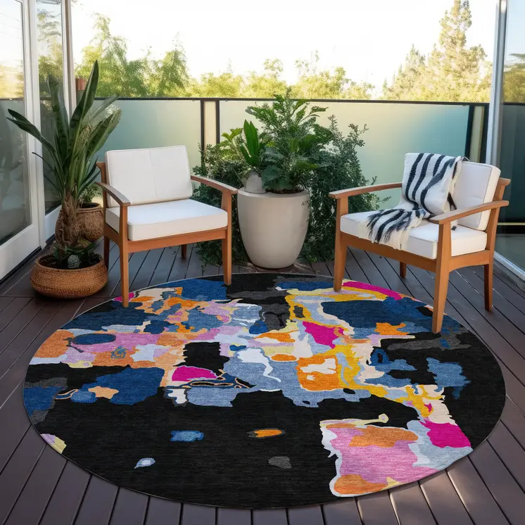 8' Black Blue And Pink Round Abstract Washable Indoor Outdoor Area Rug