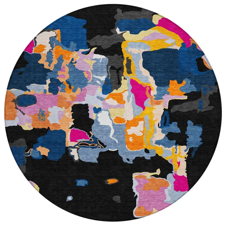 8' Black Blue And Pink Round Abstract Washable Indoor Outdoor Area Rug