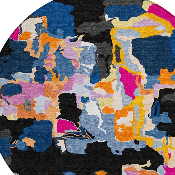 8' Black Blue And Pink Round Abstract Washable Indoor Outdoor Area Rug